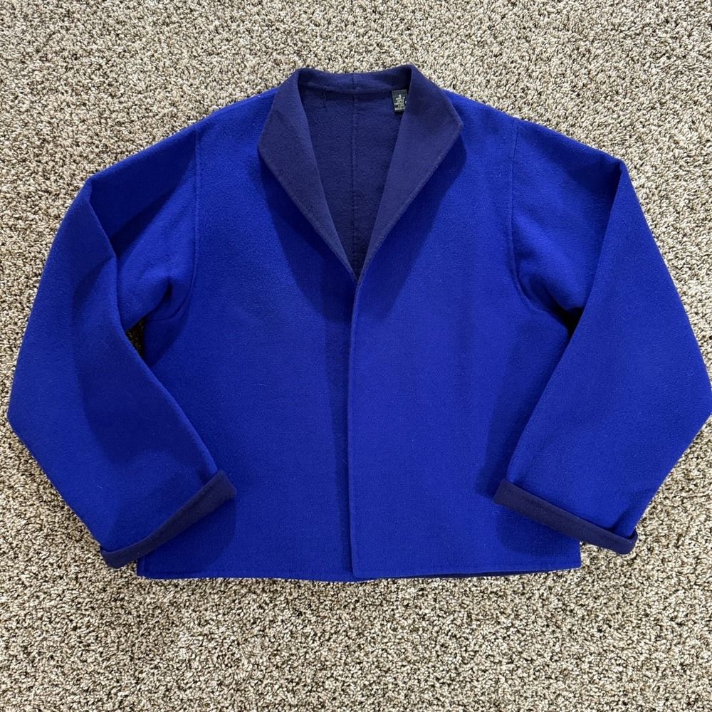 Vintage Women's S Royal Blue Wool Jacket Open Front Korea Minimalist Style READ